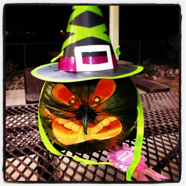 Our Angry Witch pumpkin won "Most Detailed" at our church's trunk or treat!