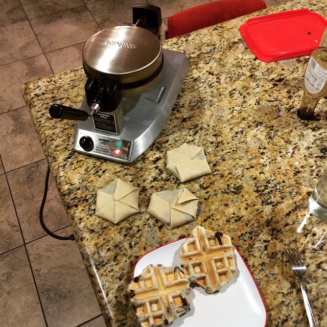 Found a new use for our waffle maker! Uncooked tortillas, rice, and beans. #WafflePockets BOOM!